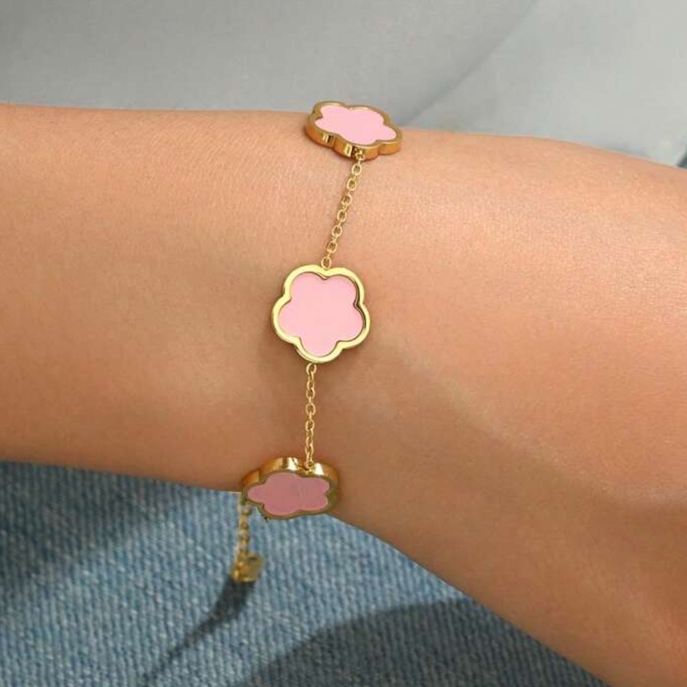 18k Gold plated stainless steel pink flower bracelet